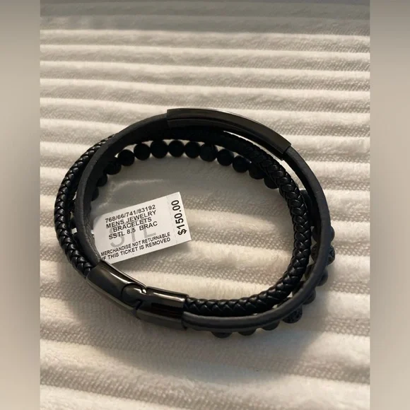 MEN'S ONYX&LAVA BEAD TRIPLE ROW BRAIDED LEATHER BRACELET BLACK ION-PLATED SS J47
